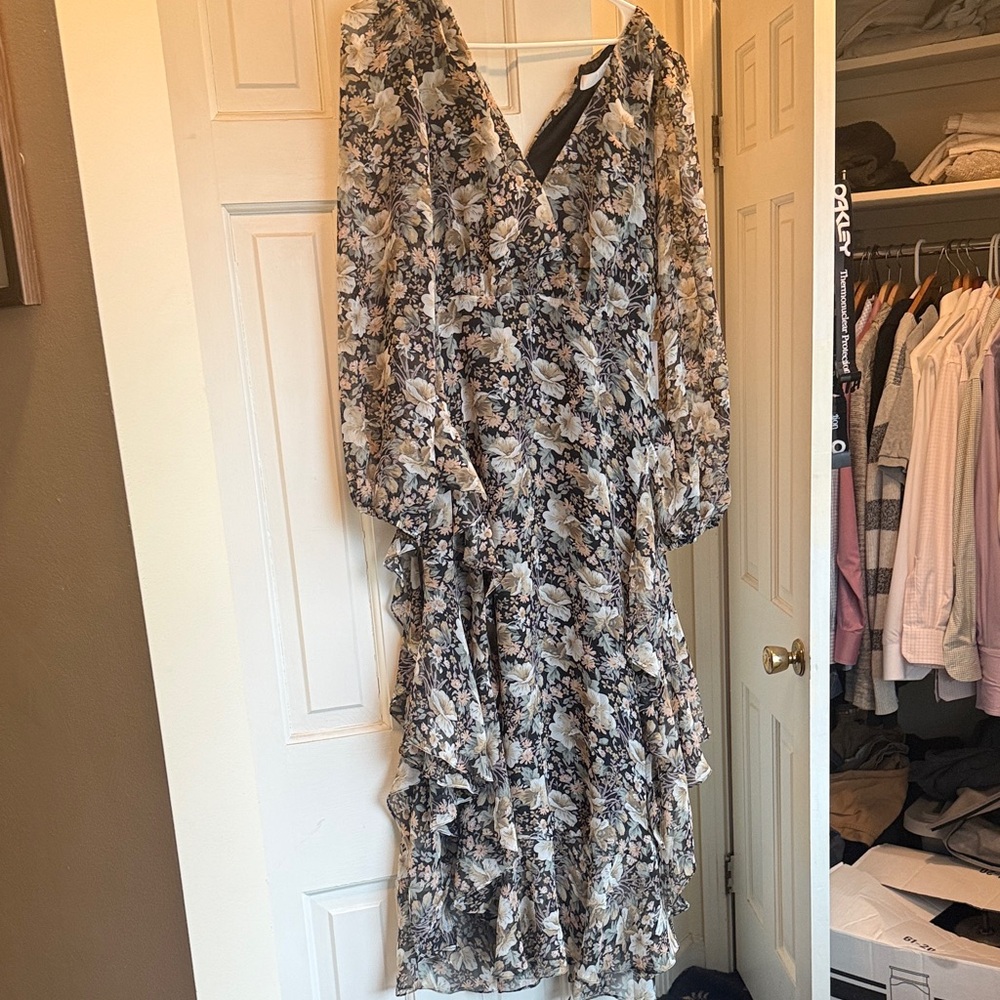 Astr Black and Cream Floral Ruffle Wrap Maxi Dress
